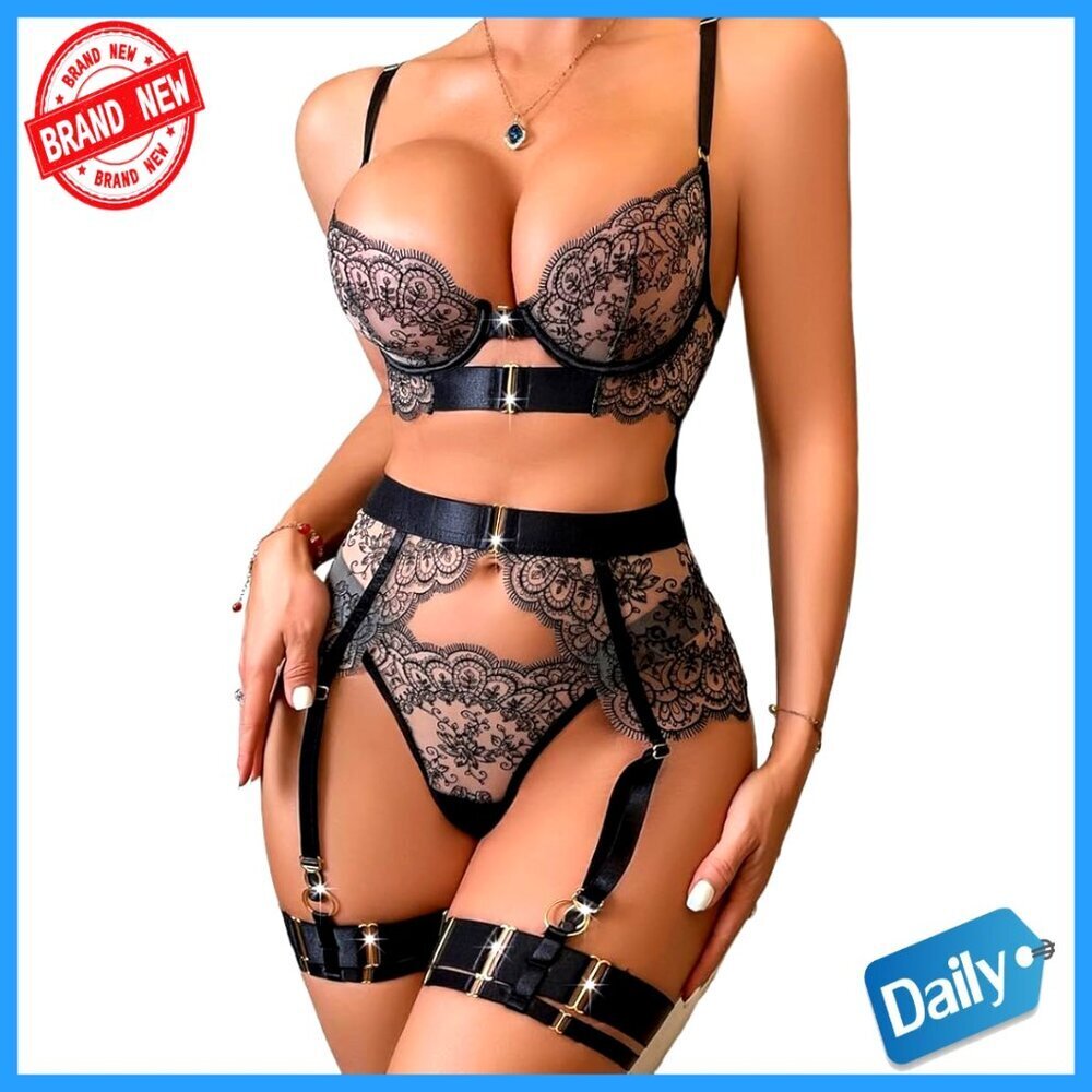 Floral Embroidery Mesh Sheer Underwire Push Up Garter Belt Lingerie Set 3 Piece